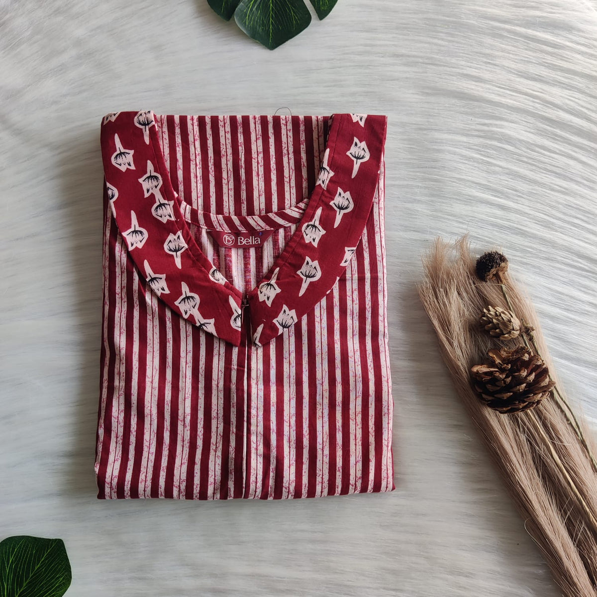 Maroon And White Stripes Printed Premium Cotton Peter Pan Collar Long Zip Feeding Nighty | Free Size | Chest Width 44″| Length 56″