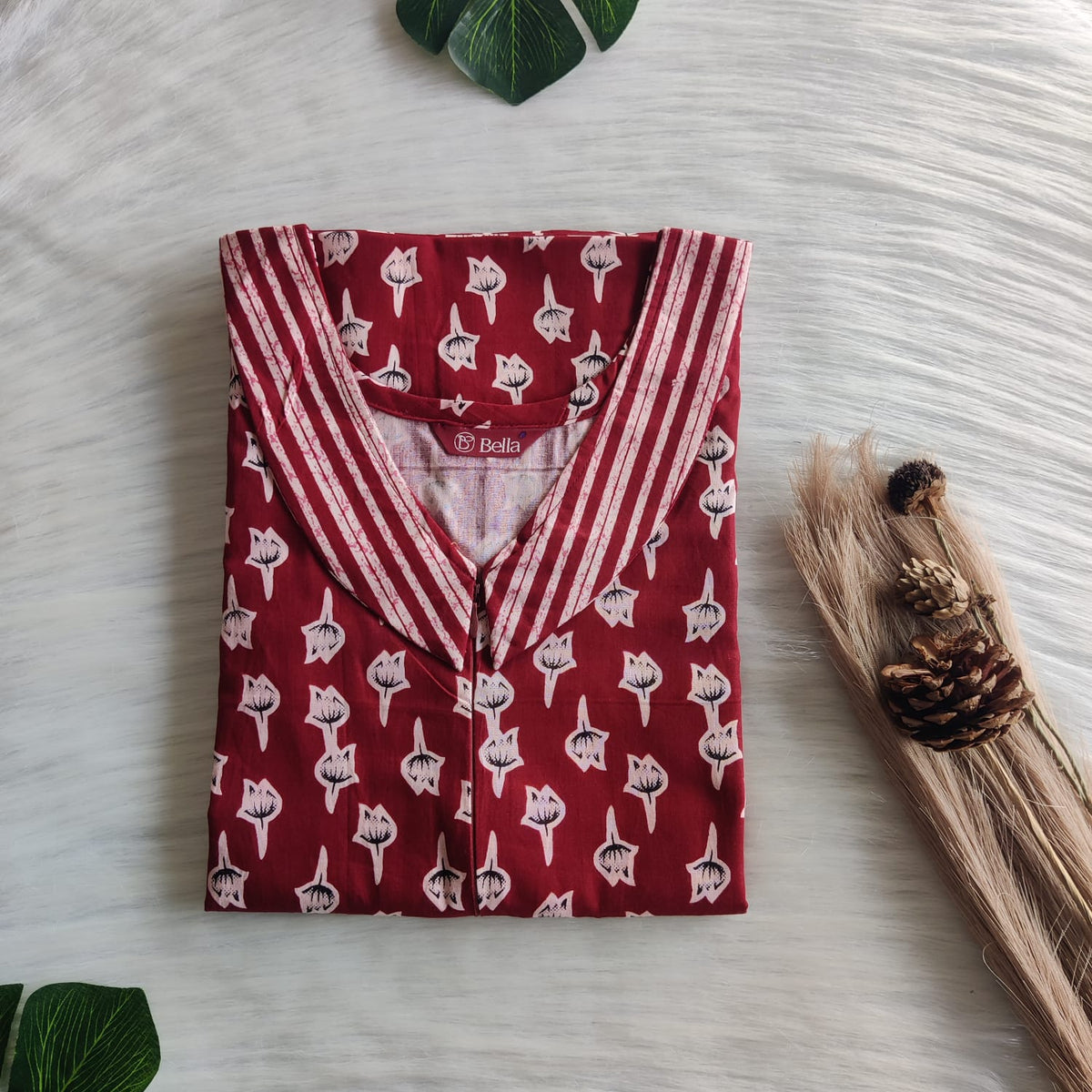 White And Maroon Floral Printed Premium Cotton Peter Pan Collar Long Zip Feeding Nighty | Free Size | Chest Width 44″| Length 56″