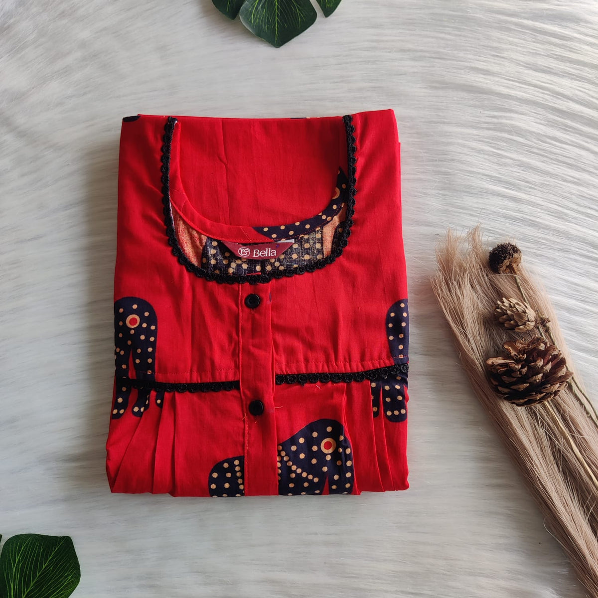 Elephant Printed Red Printed Premium Cotton Lace Button Nighty | Free Size | Chest Width 44"| Length 54"-56"