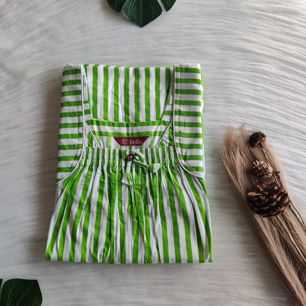 Green Stripes Printed Premium Cotton Front Elastic Pleated Nighty | Free Size | Chest Width 44″| Length 56″