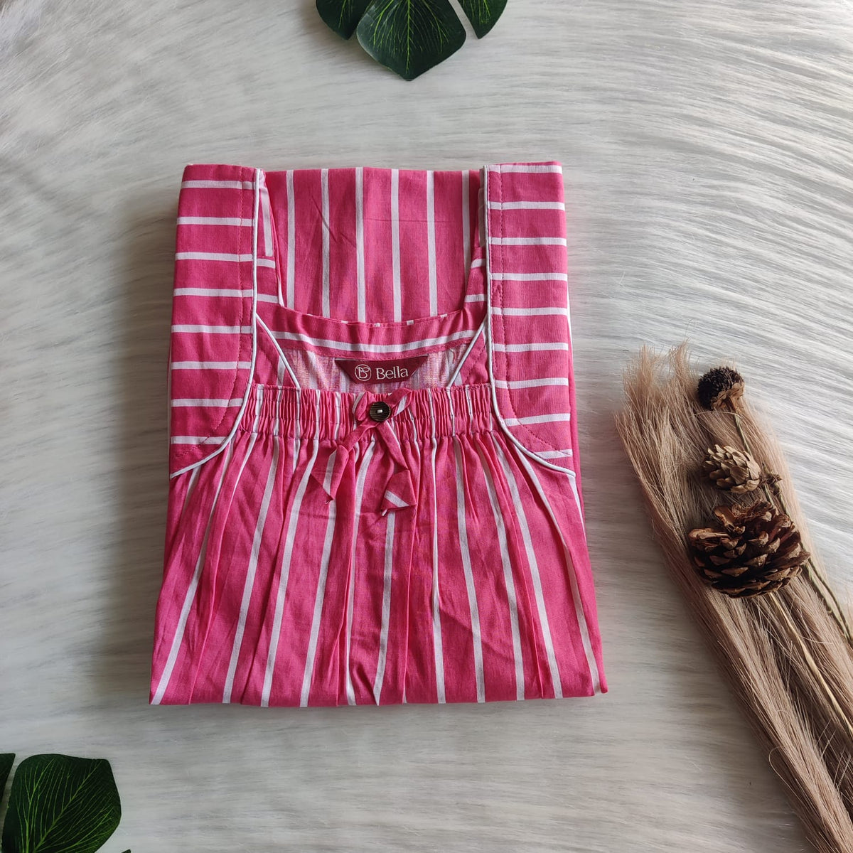 Pink Stripes Printed Premium Cotton Front Elastic Pleated Nighty | Free Size | Chest Width 44″| Length 56″