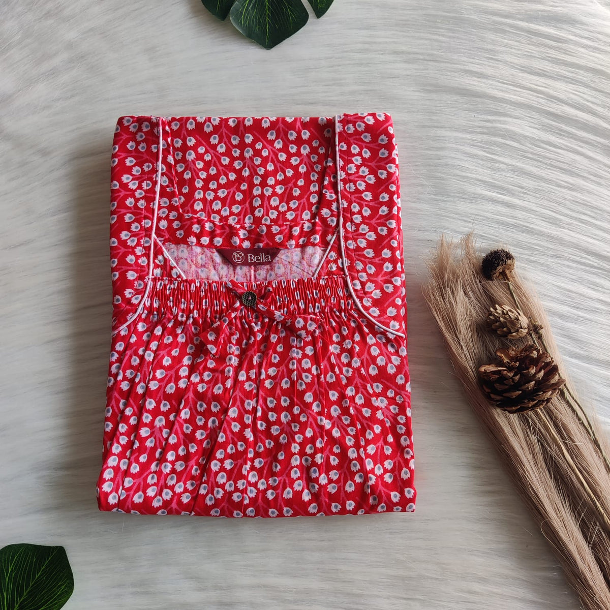 Red Floral Printed Premium Cotton Front Elastic Pleated Nighty | Free Size | Chest Width 44″| Length 56″
