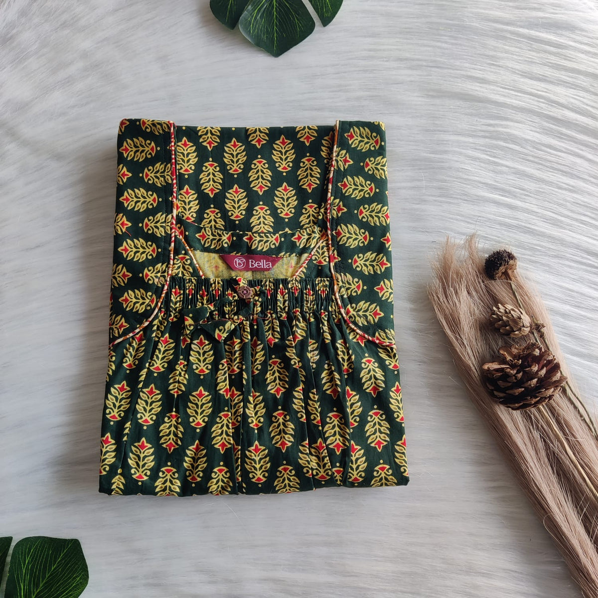 Yellow Floral Printed Green Premium Cotton Front Elastic Pleated Nighty | Free Size | Chest Width 44″| Length 56″