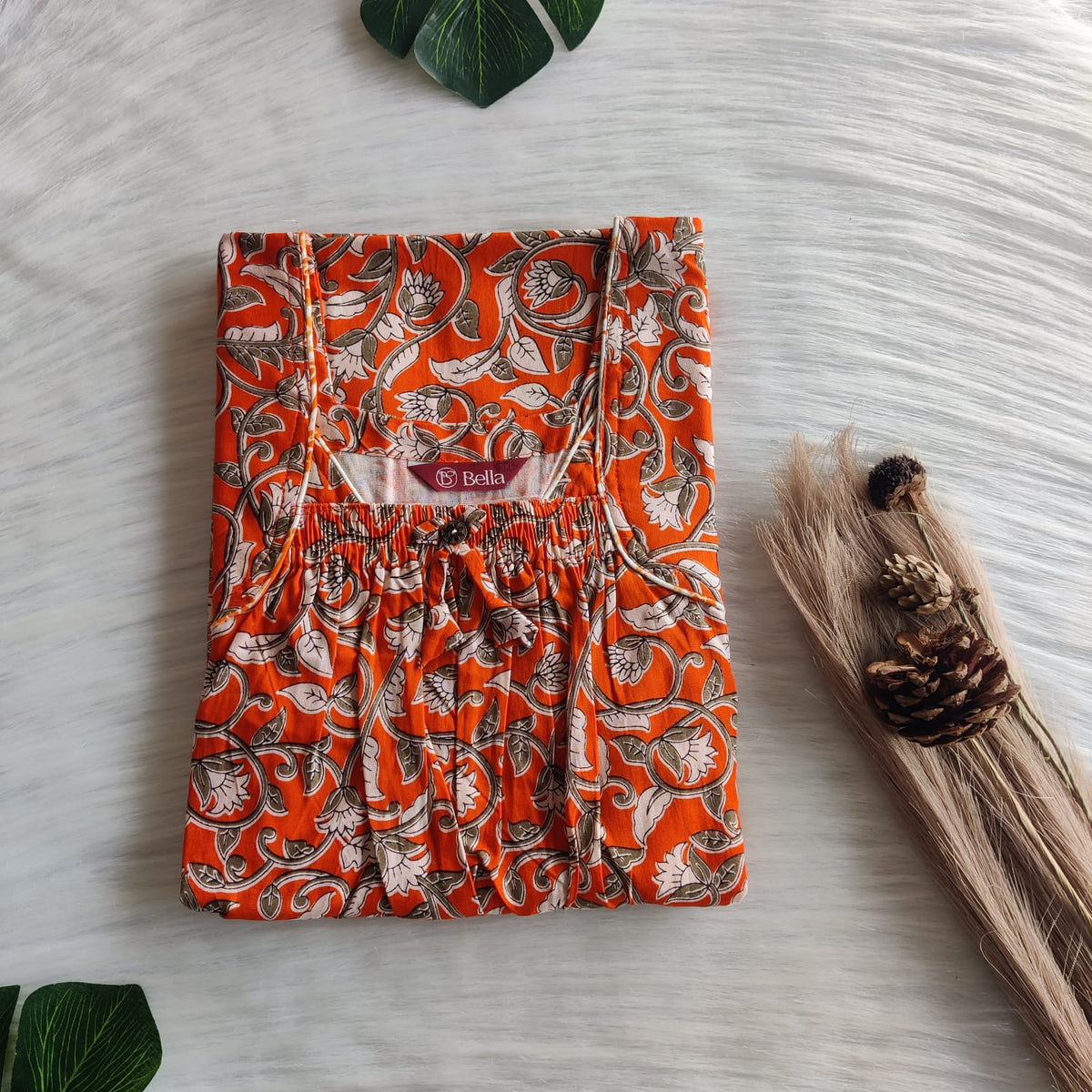 White Floral Printed Orange Premium Cotton Front Elastic Pleated Nighty | Free Size | Chest Width 44″| Length 56″