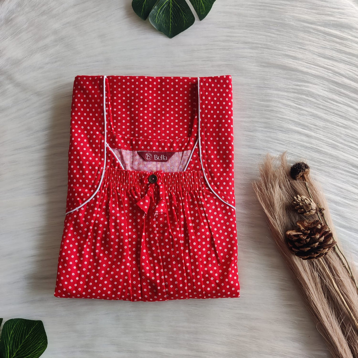 Red Dot Printed Premium Cotton Front Elastic Pleated Nighty | Free Size | Chest Width 44″| Length 56″