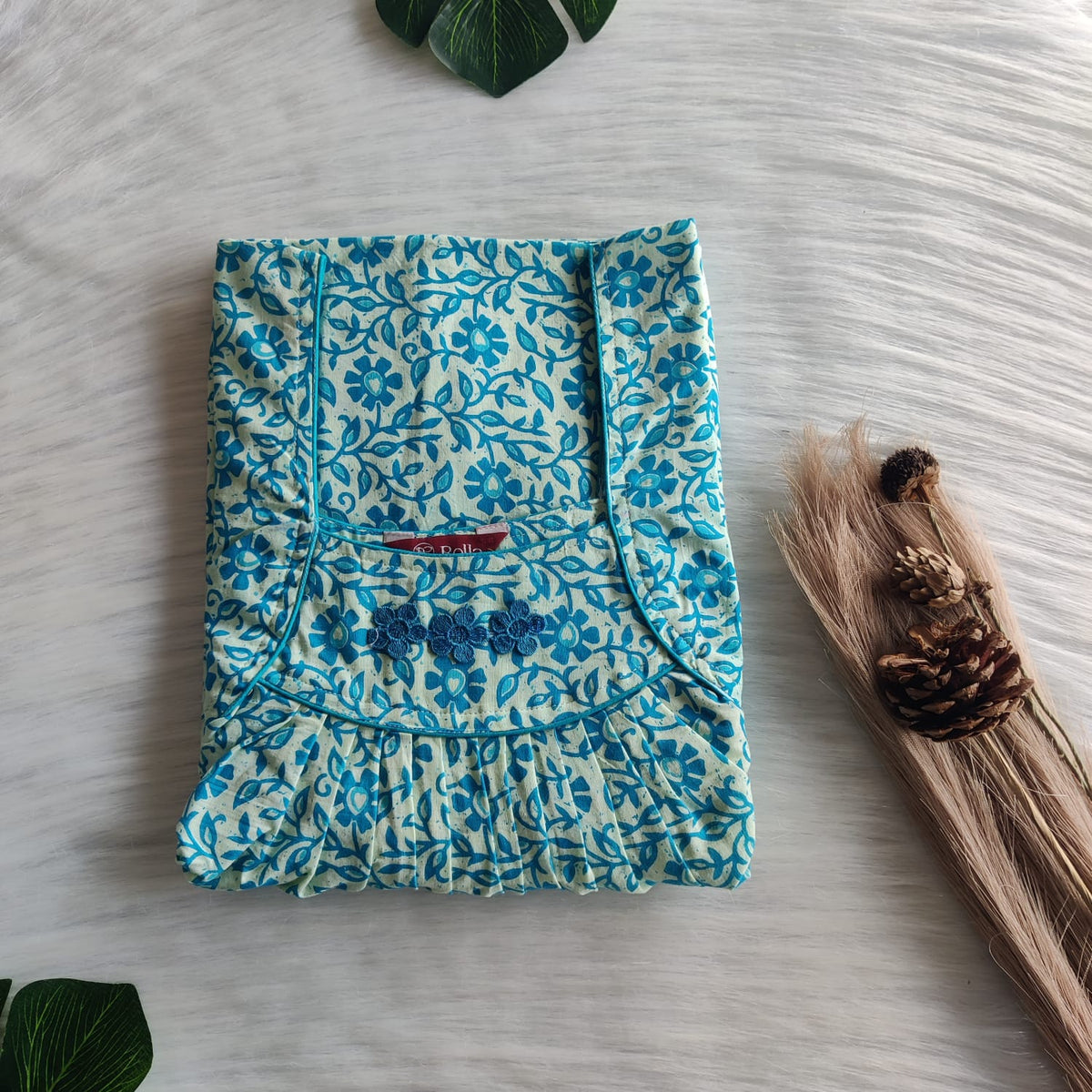 Blue Floral Printed Jaipur Cotton Three Flower Nighty |Free Size | Chest Width 44"| Length 54"-55"