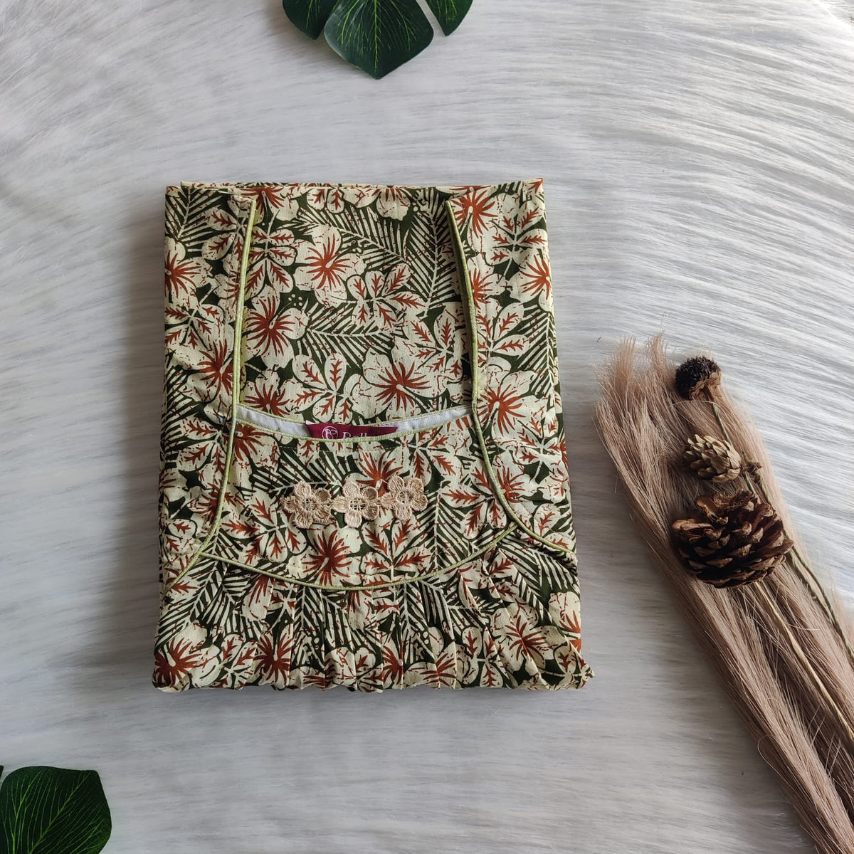 Yellow Floral Printed Green Jaipur Cotton Three Flower Nighty |Free Size | Chest Width 44"| Length 54"-55"