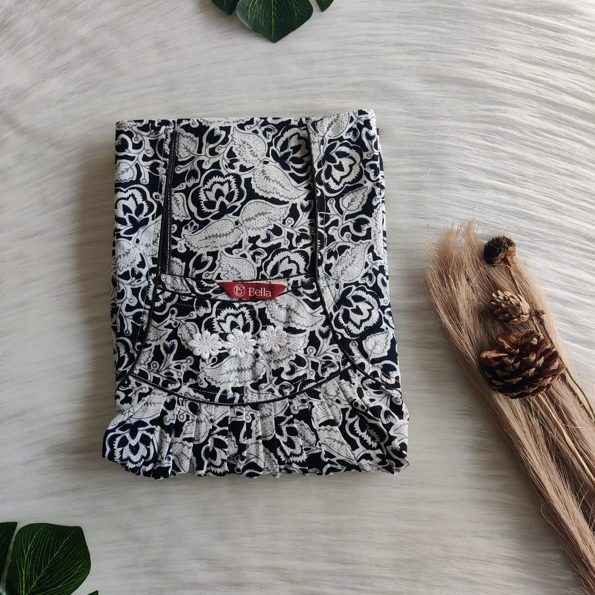 White Floral Printed Black Jaipur Cotton Three Flower Nighty |Free Size | Chest Width 44"| Length 54"-55"