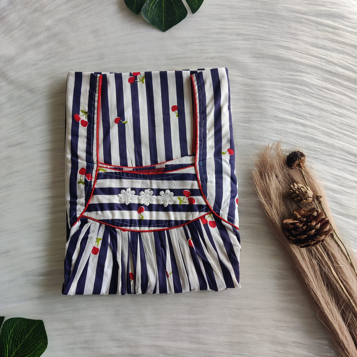 Purple Stripes Printed Premium Cotton Three Flower Nighty |Free Size | Chest Width 44"| Length 54"-55"