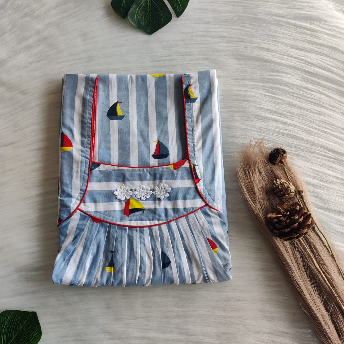 Ash Blue Stripes Printed Premium Cotton Three Flower Nighty |Free Size | Chest Width 44"| Length 54"-55"