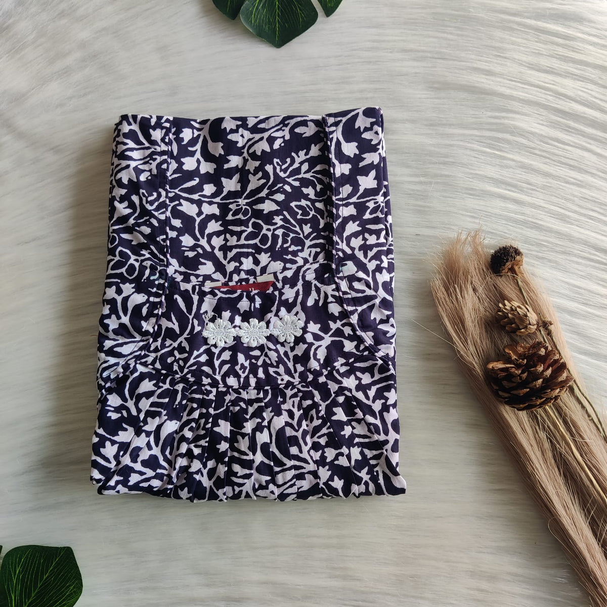 Navy Blue Floral Printed Premium Cotton Three Flower Nighty |Free Size | Chest Width 44"| Length 54"-55"