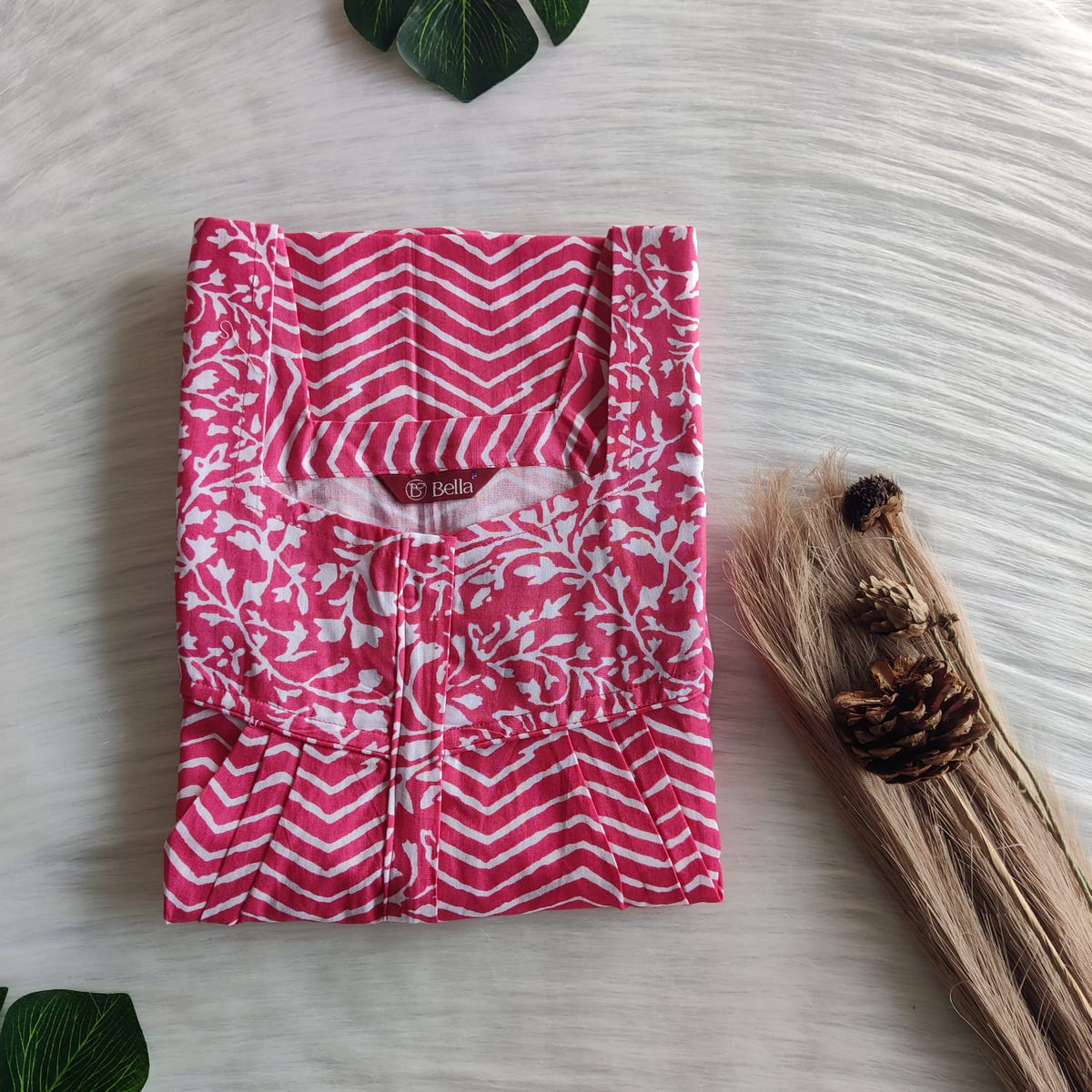 White And Peach Zig Zag Printed Premium Cotton Square Neck Pleated Nighty | Free Size | Chest Width 44″| Length 55″-56″