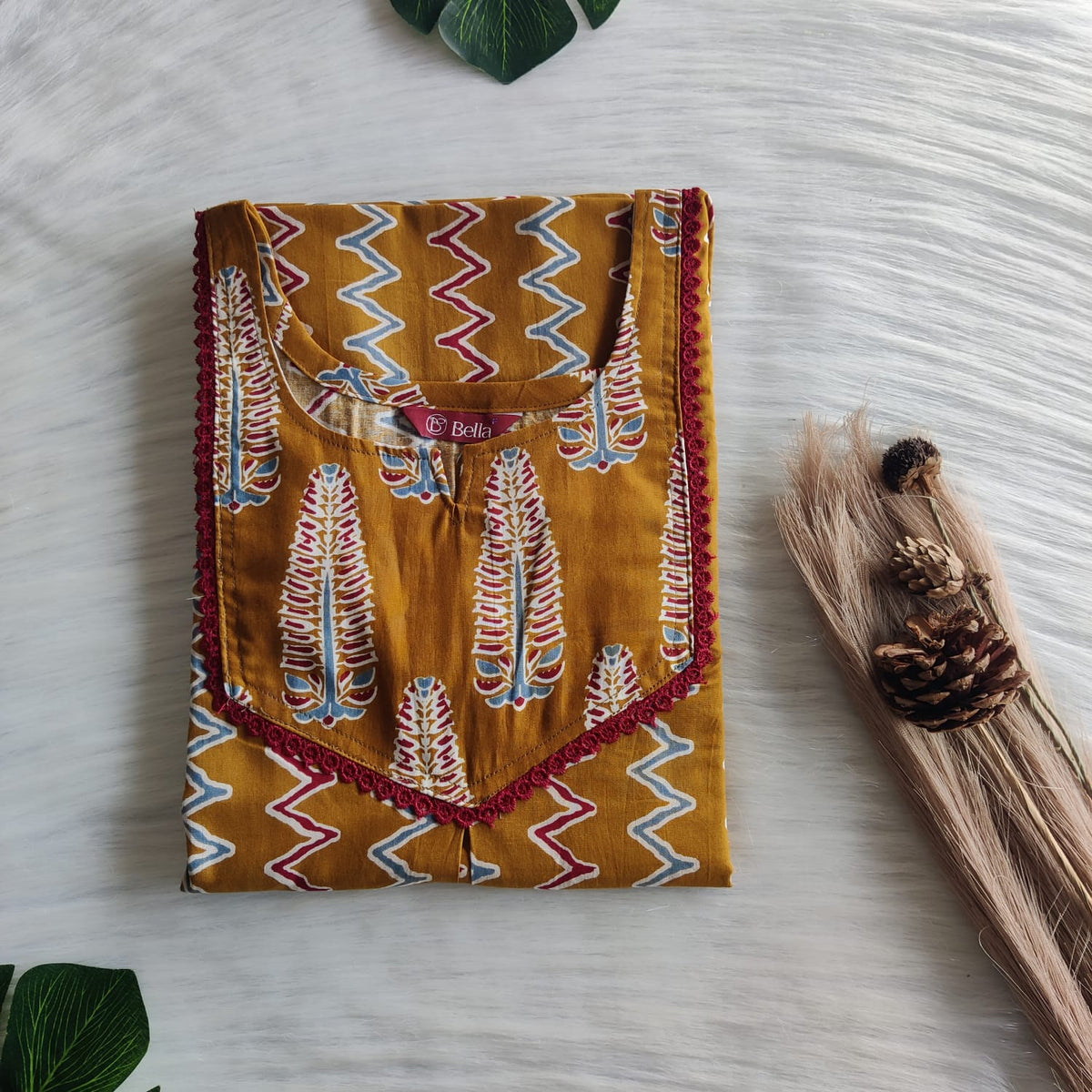 Ochre Yellow And Maroon Zig-Zag Printed Premium Cotton Mix N Match Lace Pocket Nighty | Free Size | Chest Width 44″| Length 56″