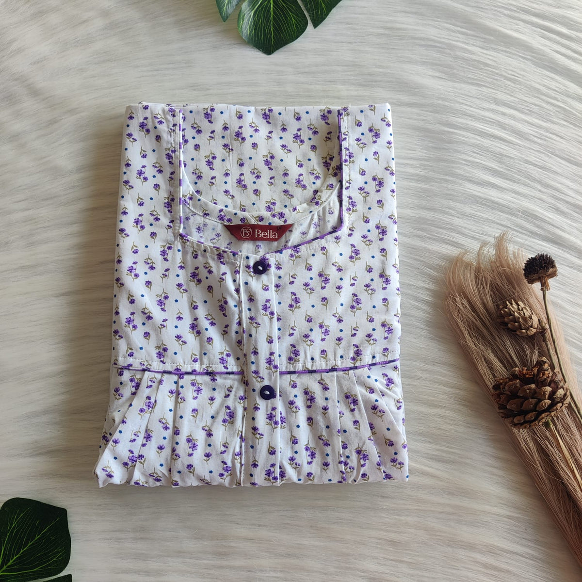 Purple Floral Printed White Pure Cotton Button Zip Nighty | Free Size | Chest Width 44″| Length 54″