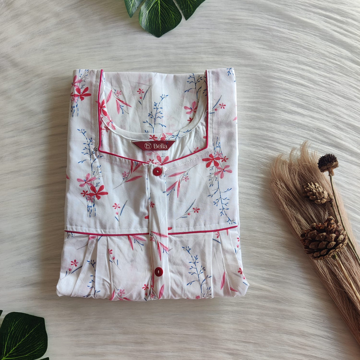 Red Floral Printed White Pure Cotton Button Zip Nighty | Free Size | Chest Width 44″| Length 54″