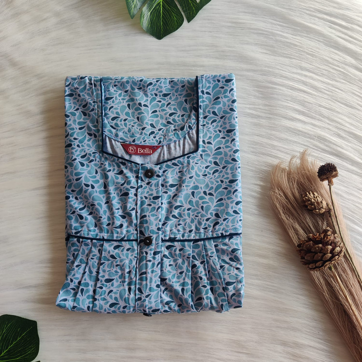 Blue Floral Printed Pure Cotton Button Zip Nighty | Free Size | Chest Width 44″| Length 54″