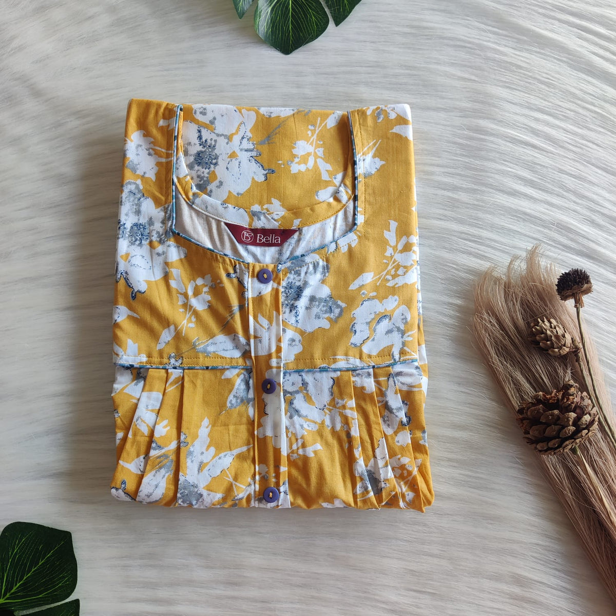 White Floral Printed Yellow Pure Cotton Button Zip Nighty | Free Size | Chest Width 44″| Length 54″