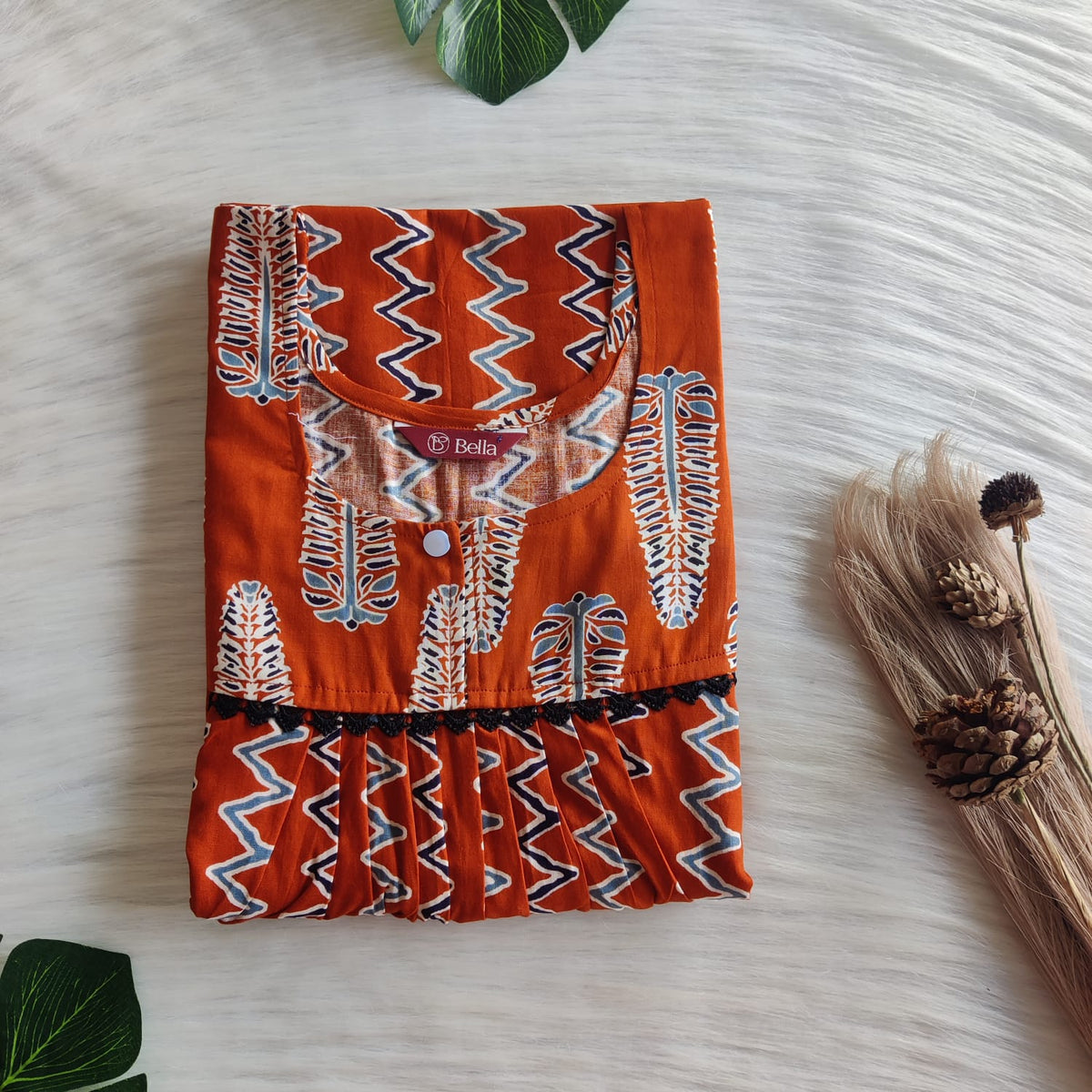 White And Rust Brown ZigZag  Printed Premium Cotton Lace Nighty | Free Size | Chest Width 44″| Length 54″-56″