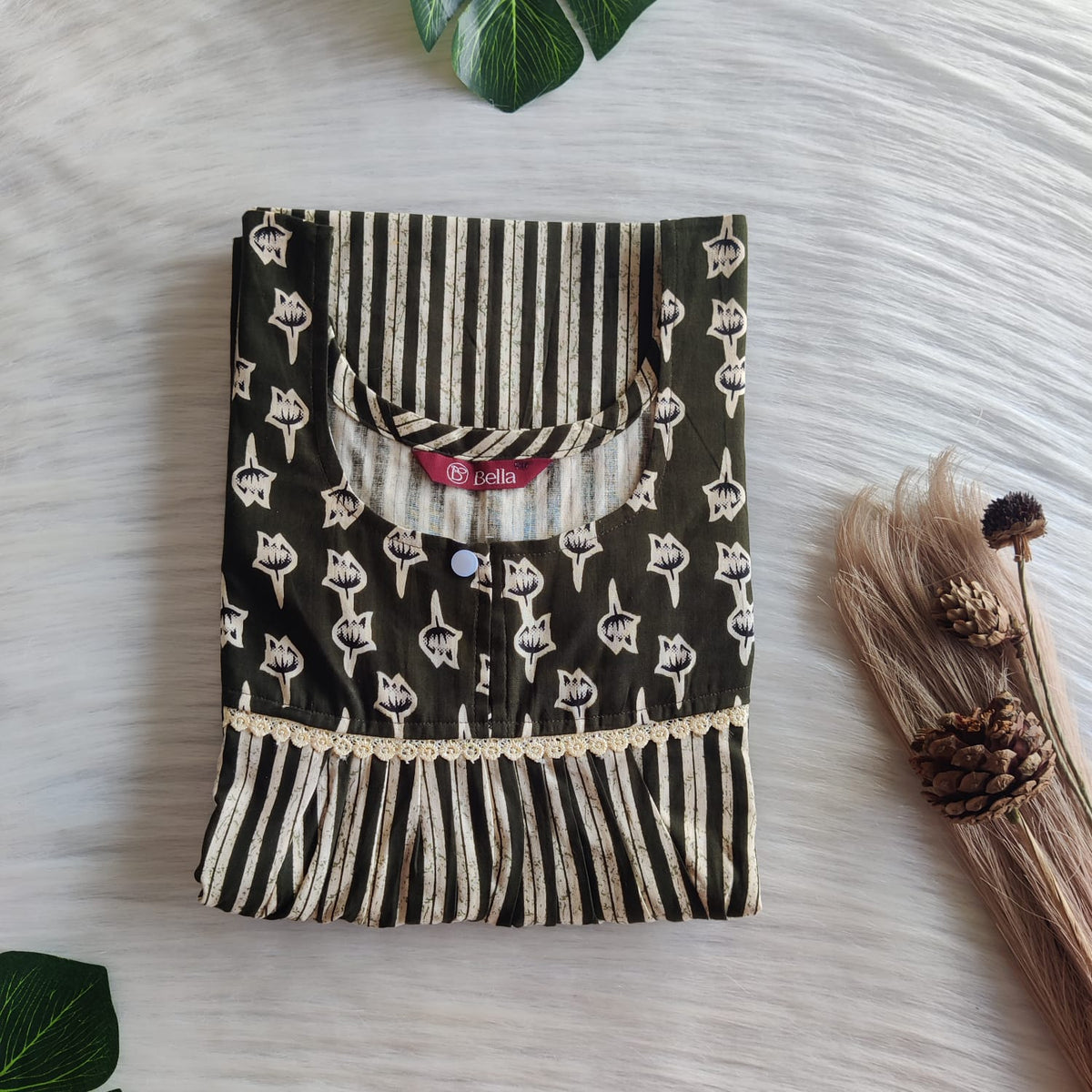 Green And White Stripes Printed Premium Cotton Lace Nighty | Free Size | Chest Width 44″| Length 54″-56″