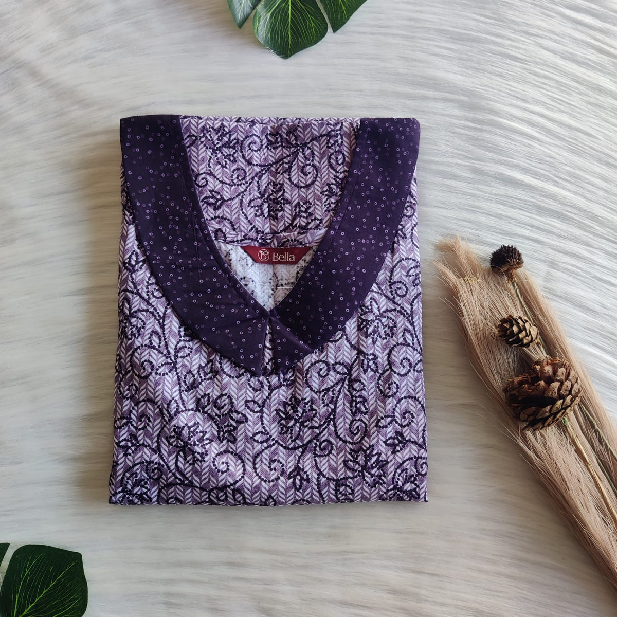 Dark And Pale Purple Floral Printed Premium Cotton Peter Pan Collar Nighty | Free Size | Chest Width 44″| Length 55″-56″