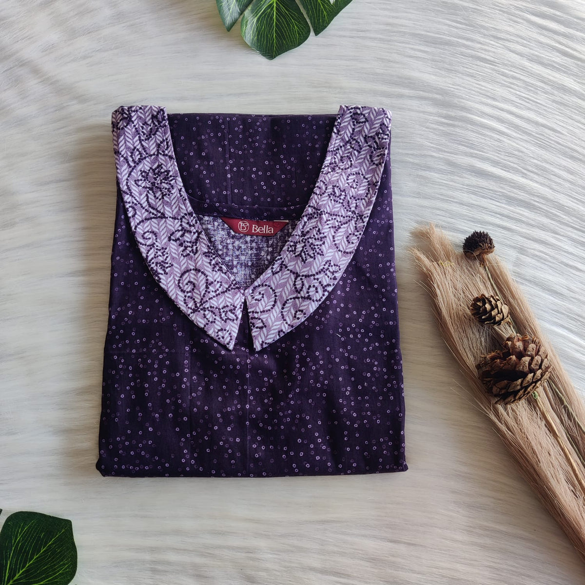Pale And Dark Purple Dot Printed Premium Cotton Peter Pan Collar Nighty | Free Size | Chest Width 44″| Length 55″-56″