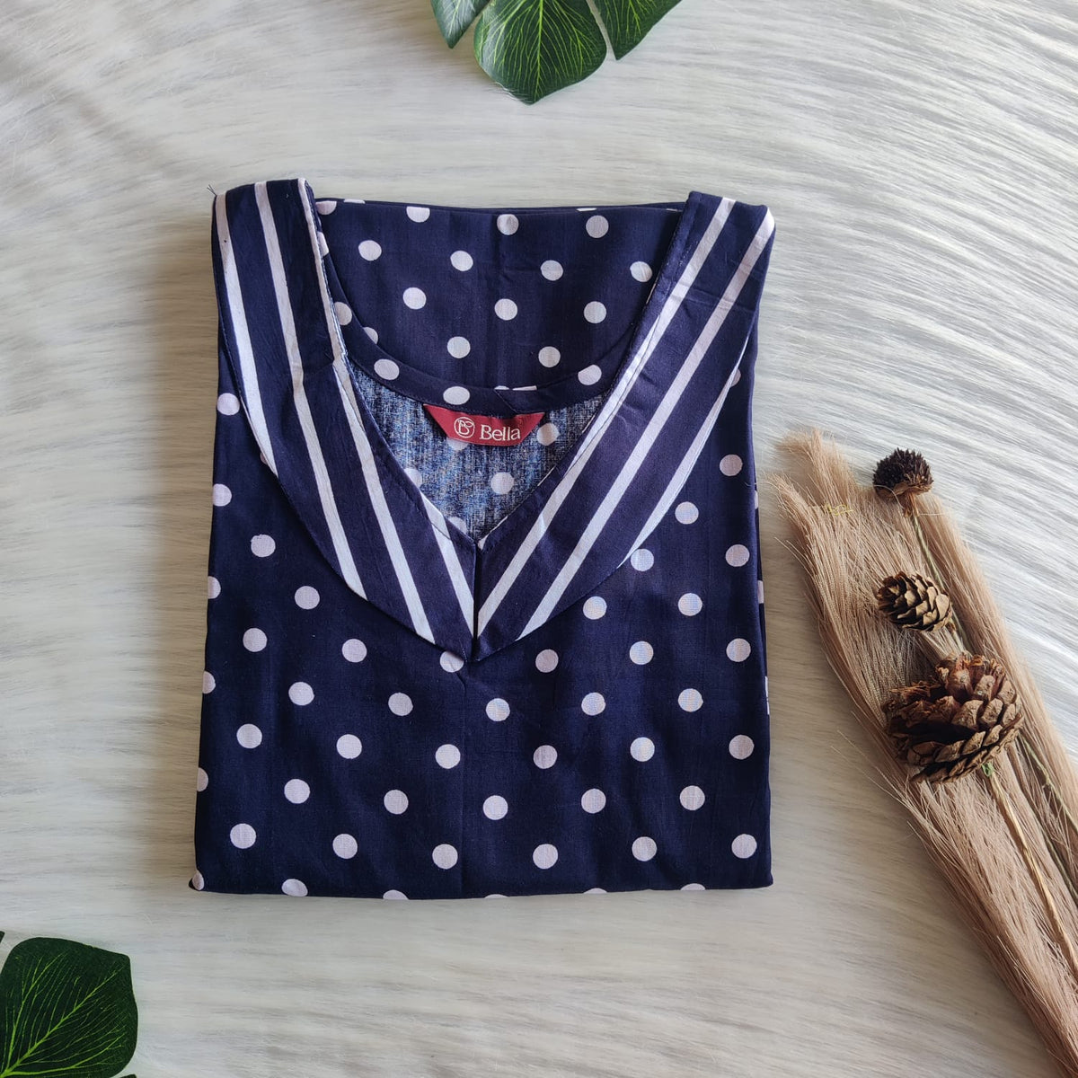 Navy Blue And White Dot Printed Premium Cotton Peter Pan Collar Nighty | Free Size | Chest Width 44″| Length 55″-56″