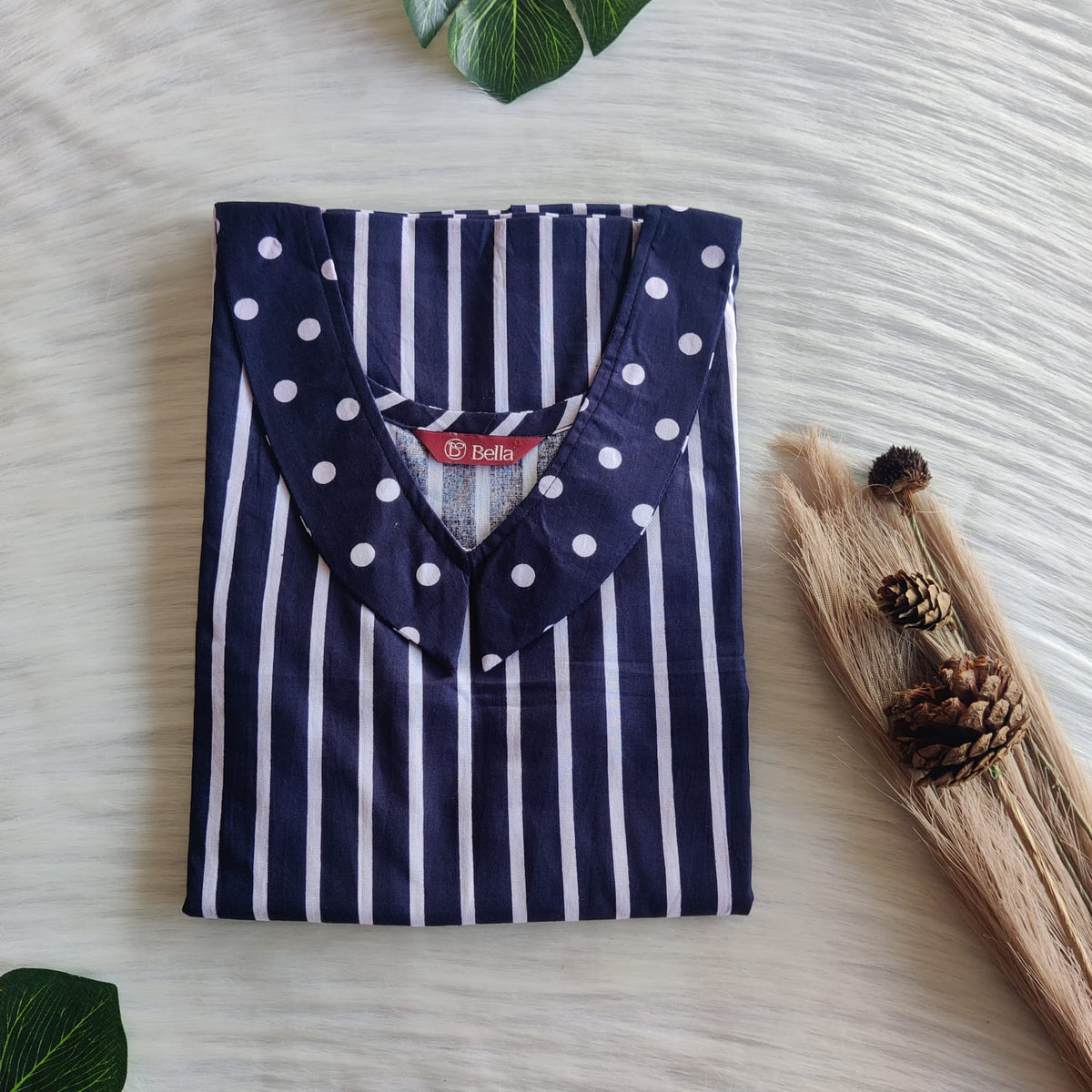 White And Navy Blue Stripes Printed Premium Cotton Peter Pan Collar Nighty | Free Size | Chest Width 44″| Length 55″-56″
