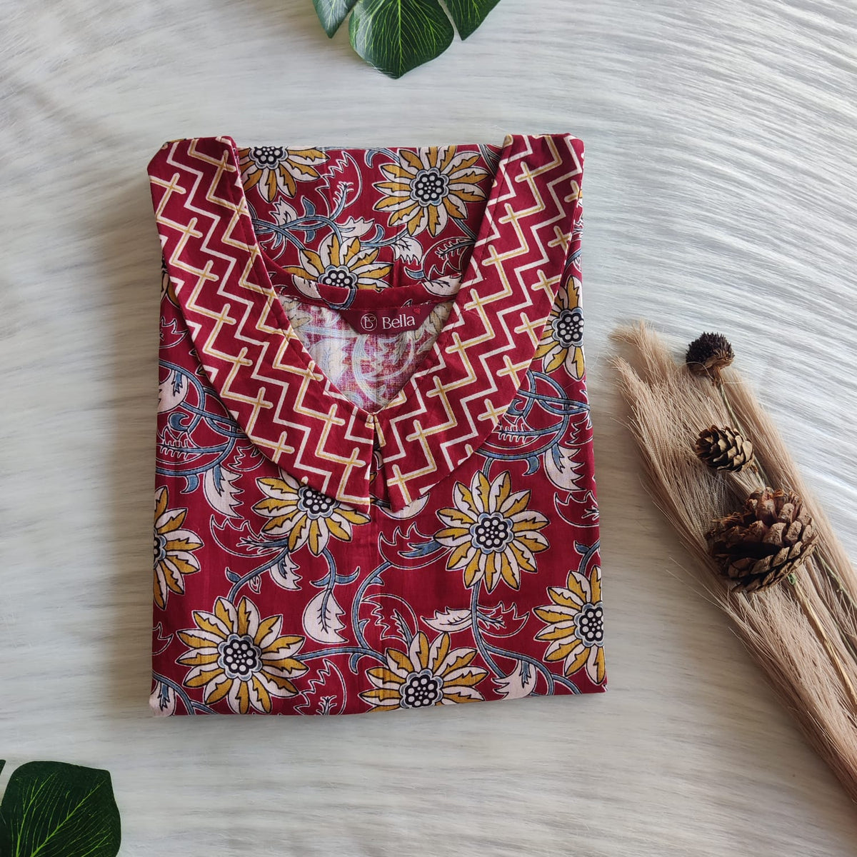 Maroon And Yellow Floral Printed Premium Cotton Peter Pan Collar Nighty | Free Size | Chest Width 44″| Length 55″-56″