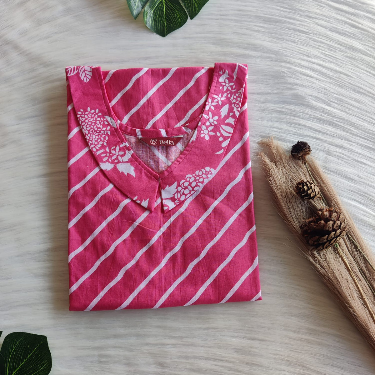 Pink And White Stripes Printed Premium Cotton Peter Pan Collar Nighty | Free Size | Chest Width 44″| Length 55″-56″