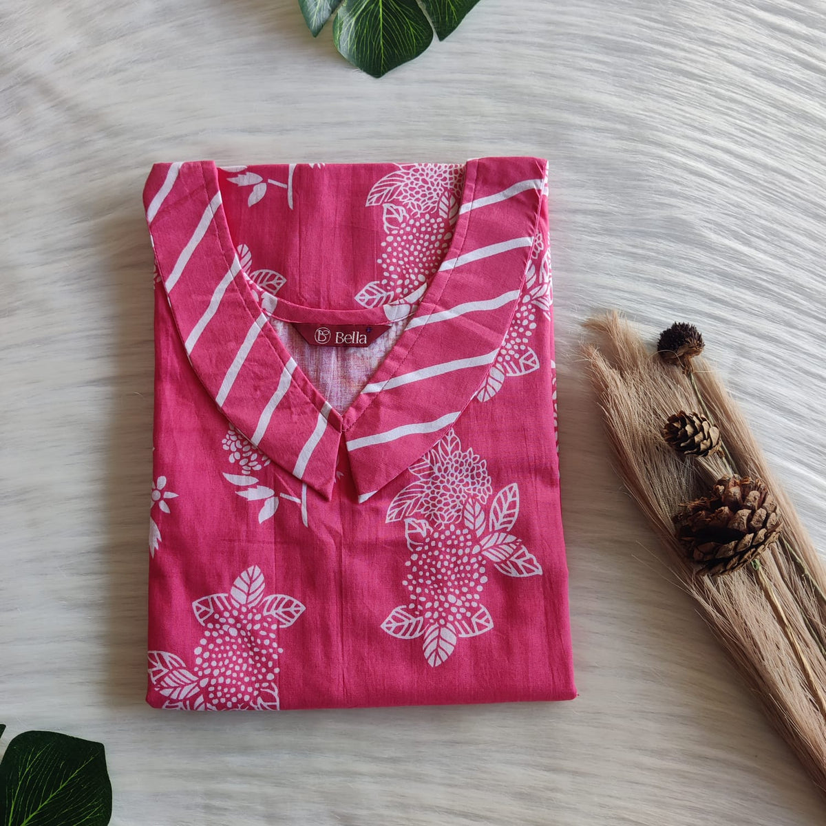 White And Pink Floral Printed Premium Cotton Peter Pan Collar Nighty | Free Size | Chest Width 44″| Length 55″-56″