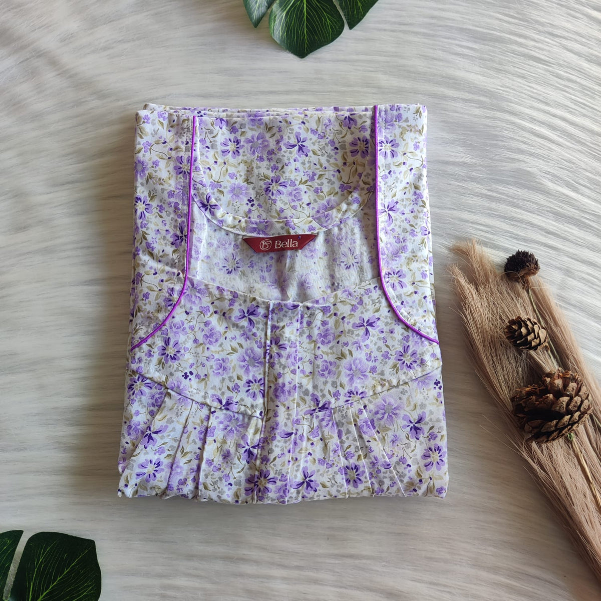 Lavender Floral Printed White Pure Cotton Pleated Zip Nighty | Free Size | Chest Width 44″| Length 54″-55″