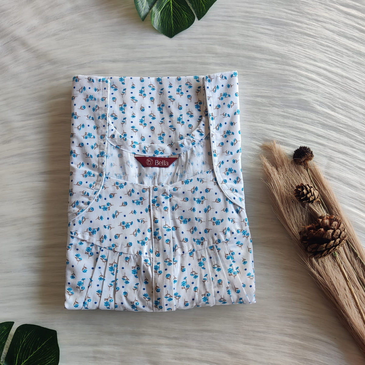 Blue Floral Printed White Pure Cotton Pleated Zip Nighty | Free Size | Chest Width 44″| Length 54″-55″
