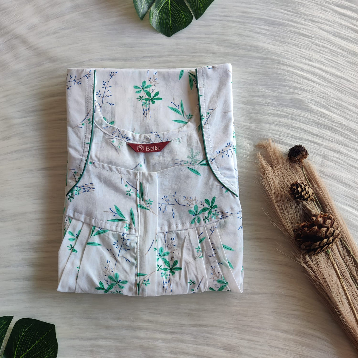 Green Floral White Pure Cotton Pleated Zip Nighty | Free Size | Chest Width 44″| Length 54″-55″