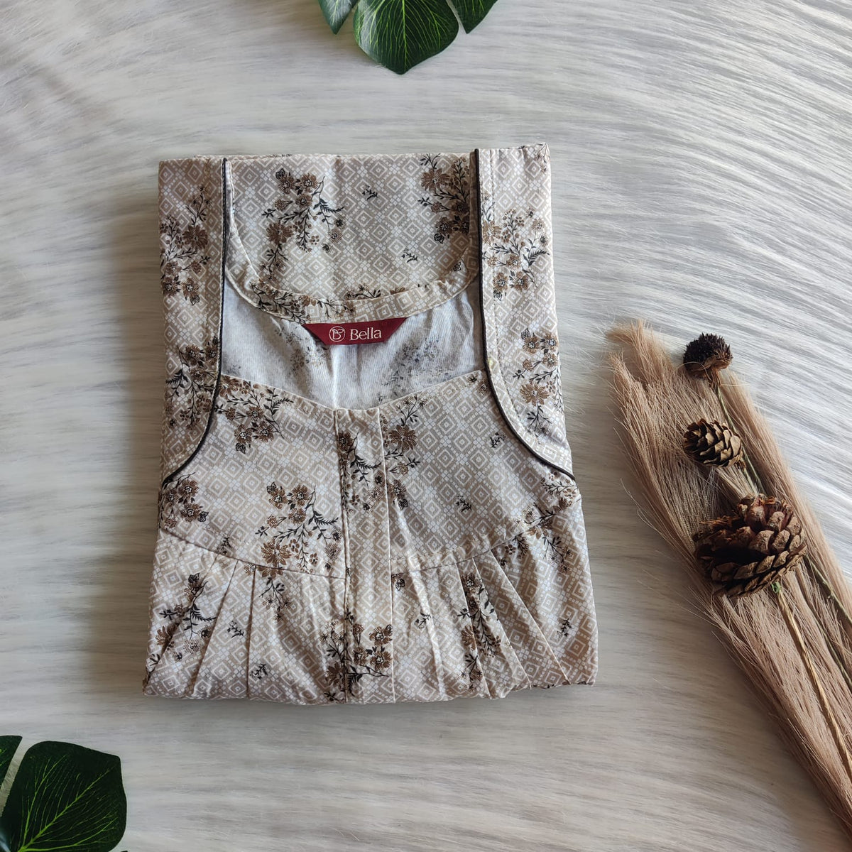 Pale Brown Floral Printed Pure Cotton Plus Size Button Zip Nighty | Chest Width 50″| Length 55″-56″