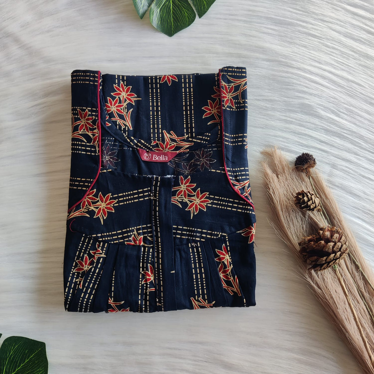 Red Floral Printed Navy Blue Gujari Cotton Pleated Zip Nighty | Chest Width 44″ | Length 54″-55″