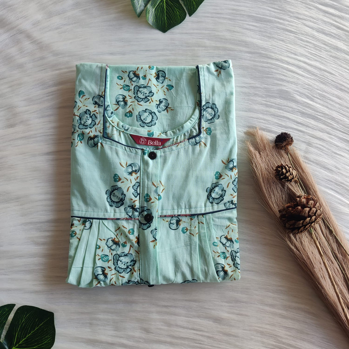 Pale Green Floral Printed Pure Cotton Button Zip Nighty | Free Size | Chest Width 44″| Length 54″