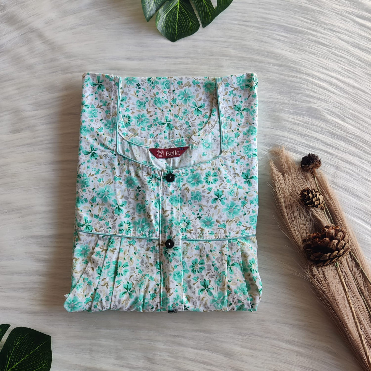 Green Floral Printed White Pure Cotton Button Zip Nighty | Free Size | Chest Width 44″| Length 54″