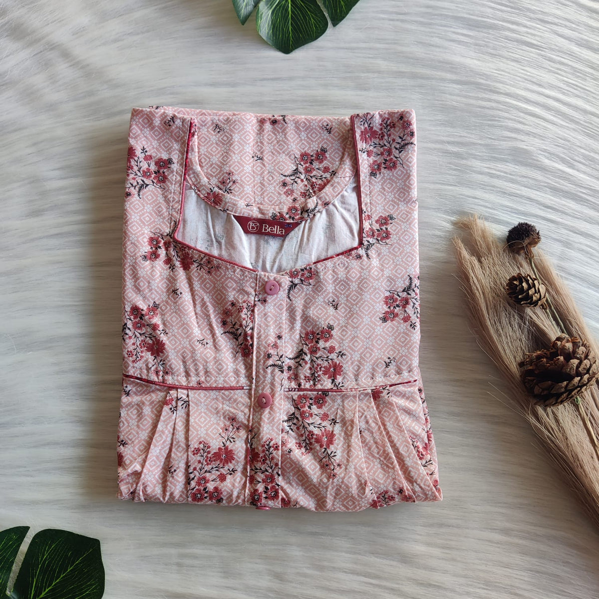 Pale Peach Floral Printed Pure Cotton Button Zip Nighty | Free Size | Chest Width 44″| Length 54″
