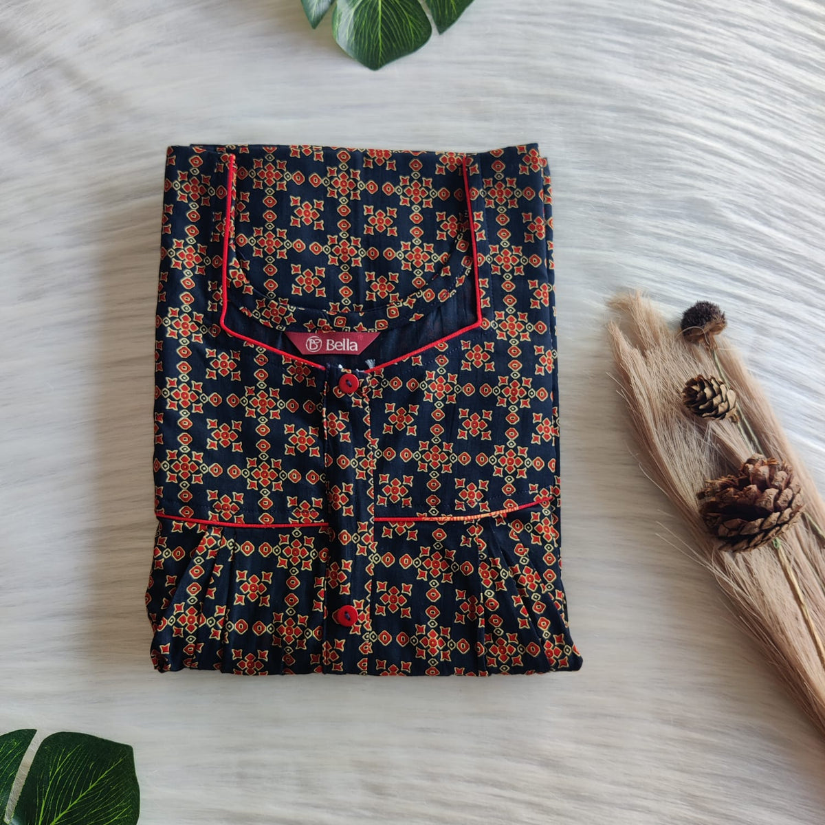 Red Printed Navy Blue Gujari Cotton Button Zip Nighty | Free Size | Chest Width 44″| Length 55″-56″