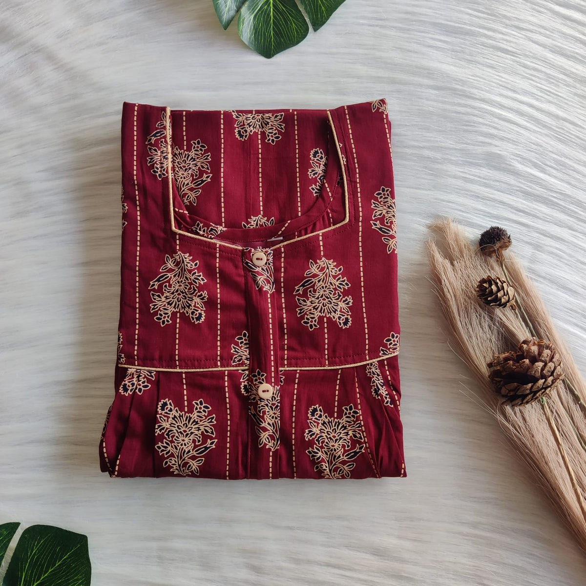 Cream Floral Printed Maroon Gujari Cotton Button Zip Nighty | Free Size | Chest Width 44″| Length 55″-56″