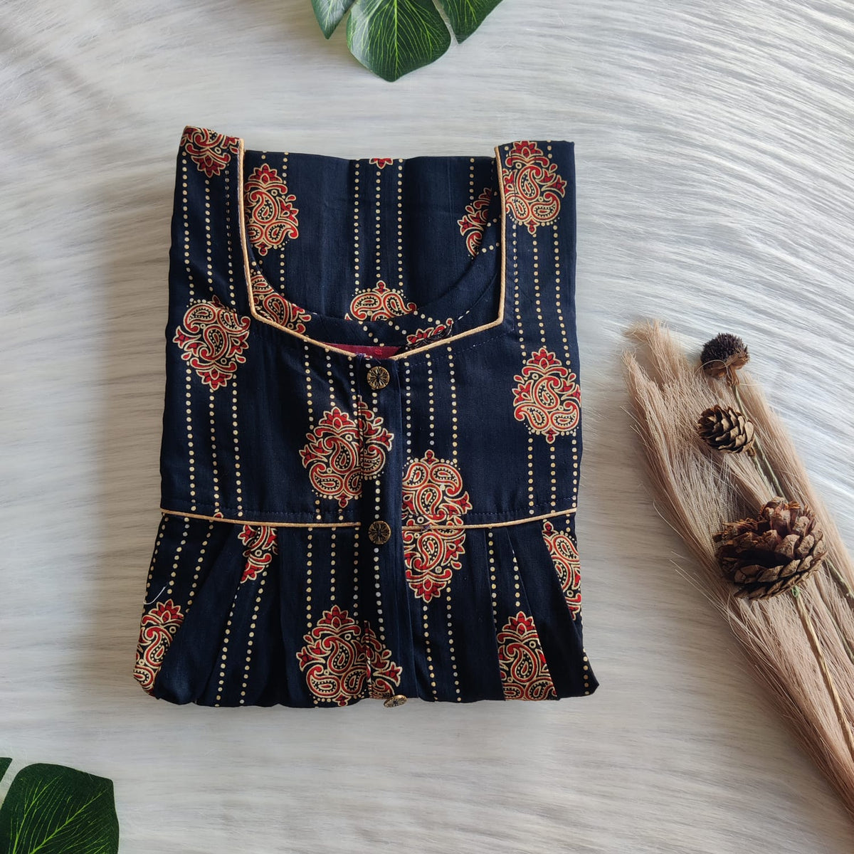 Red Floral Printed Navy Blue Gujari Cotton Button Zip Nighty | Free Size | Chest Width 44″| Length 55″-56″