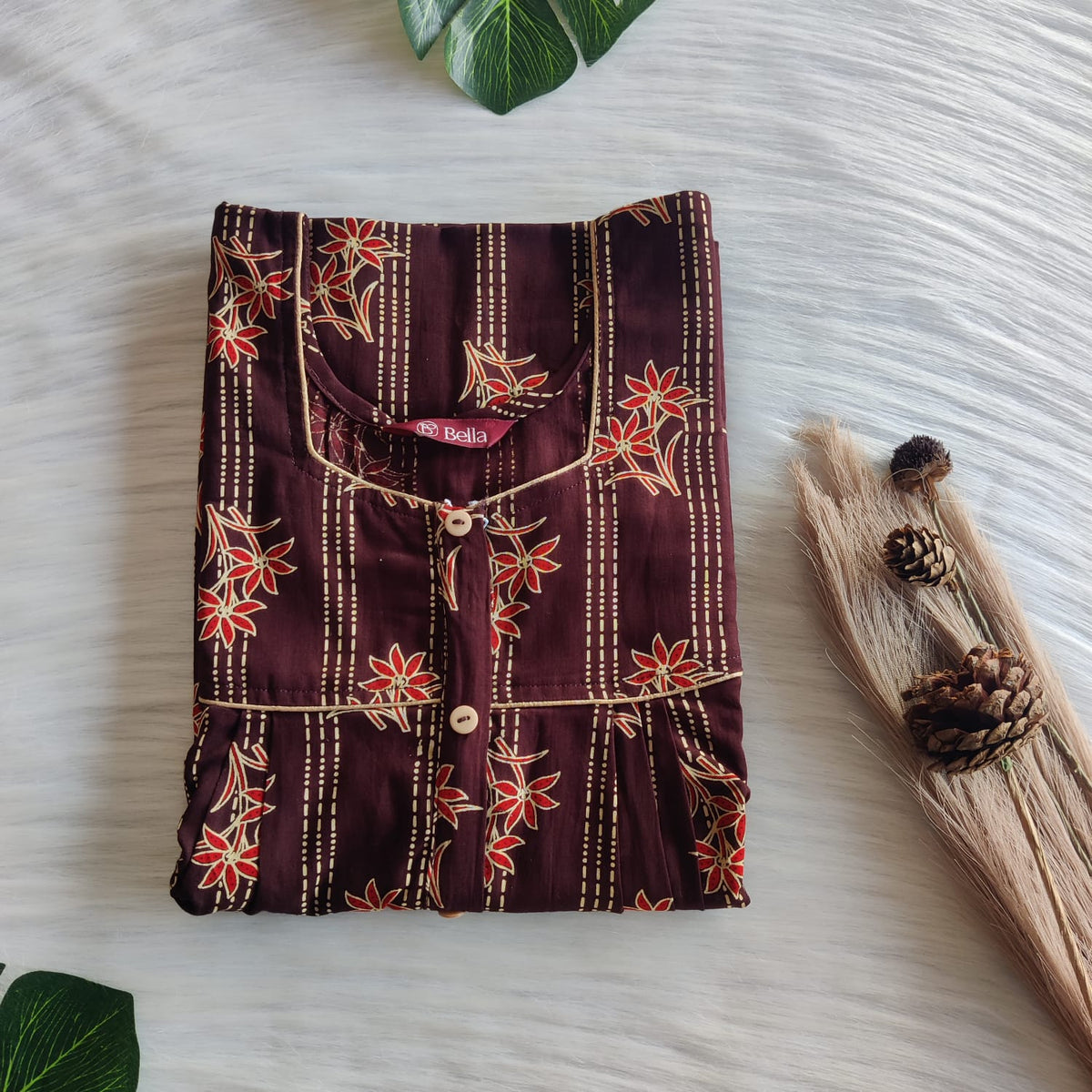 Red Floral Printed Coffee Brown Gujari Cotton Button Zip Nighty | Free Size | Chest Width 44″| Length 55″-56″