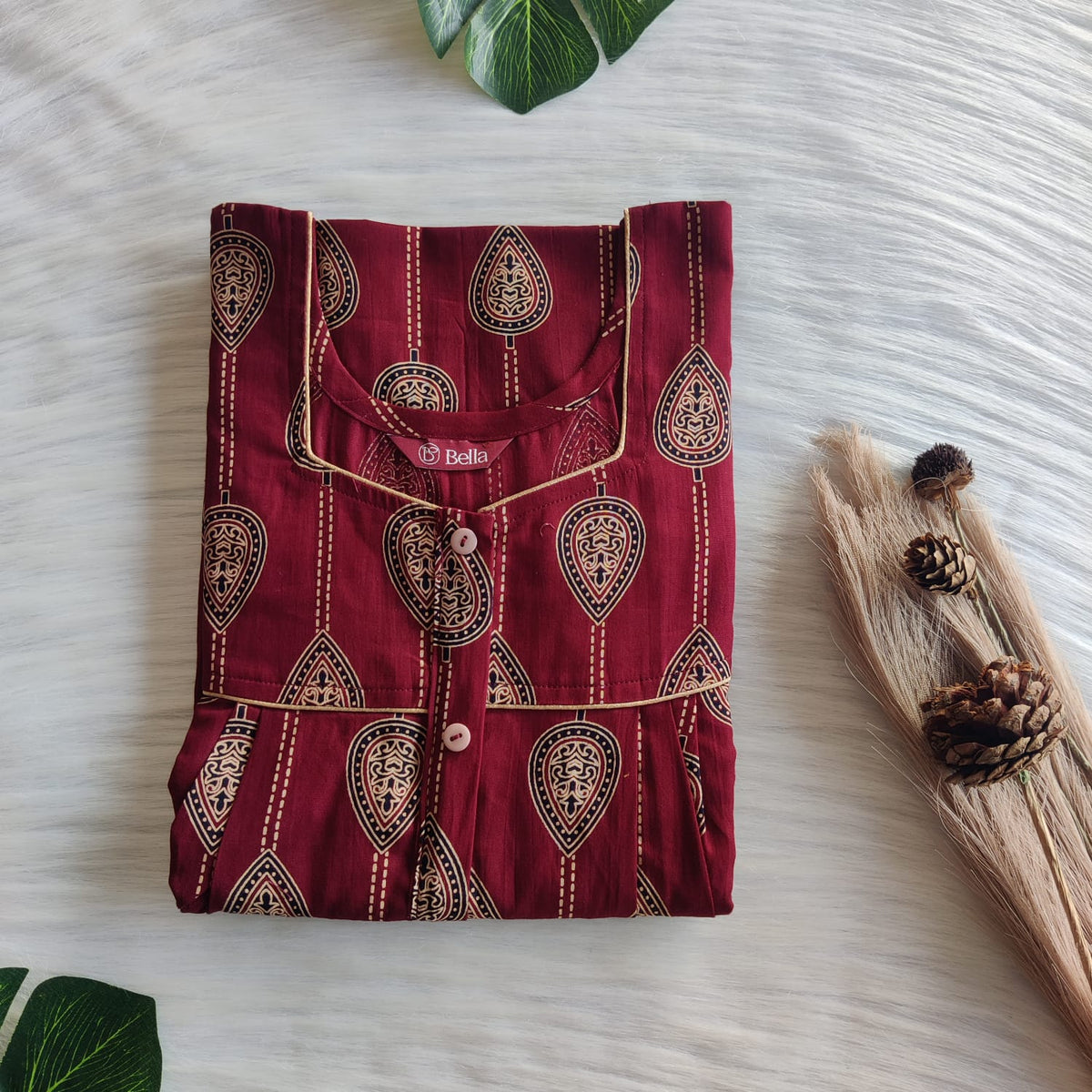 Cream Kalamkari Printed Maroon Gujari Cotton Button Zip Nighty | Free Size | Chest Width 44″| Length 55″-56″