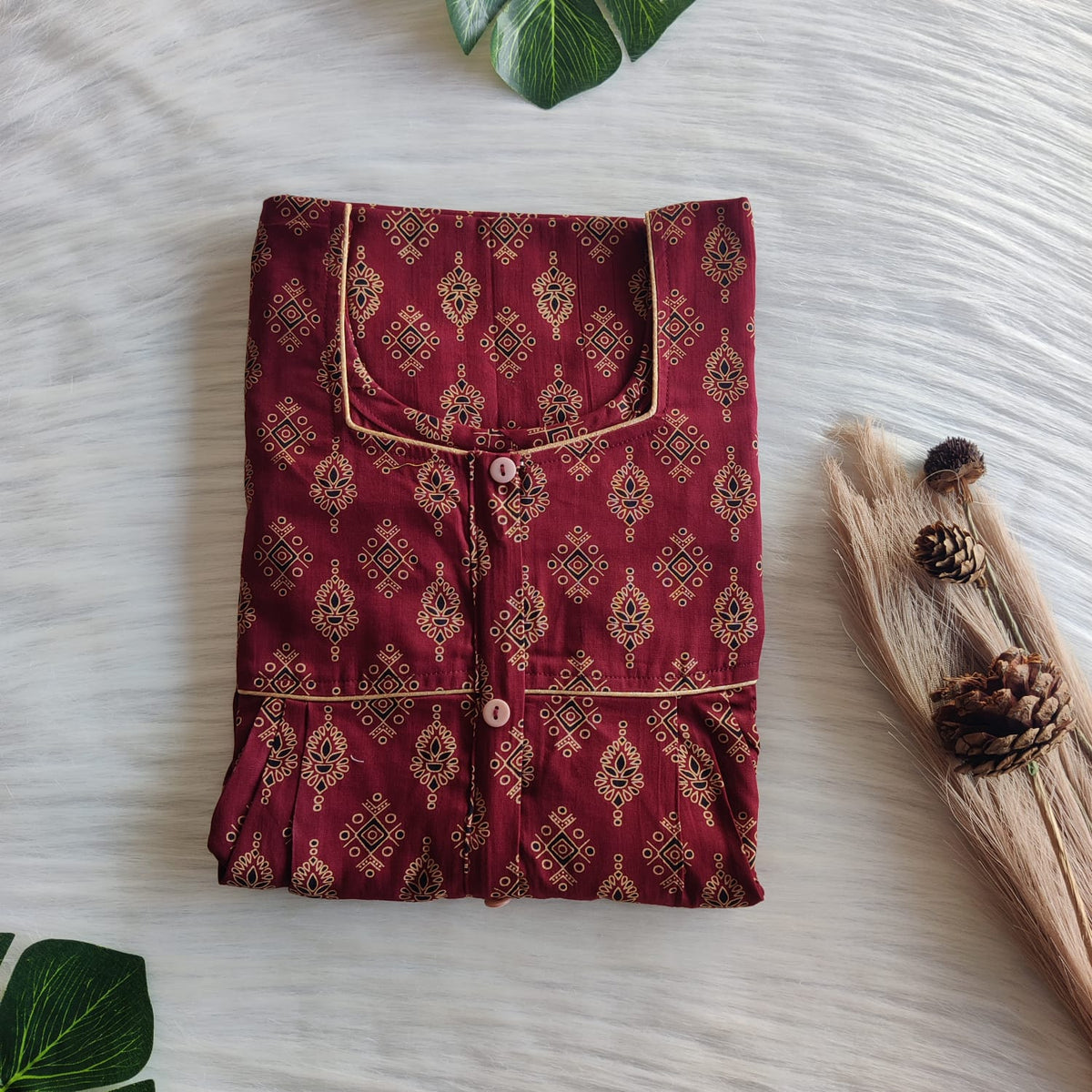 Cream Kalamkari Printed Maroon Gujari Cotton Button Zip Nighty | Free Size | Chest Width 44″| Length 55″-56″