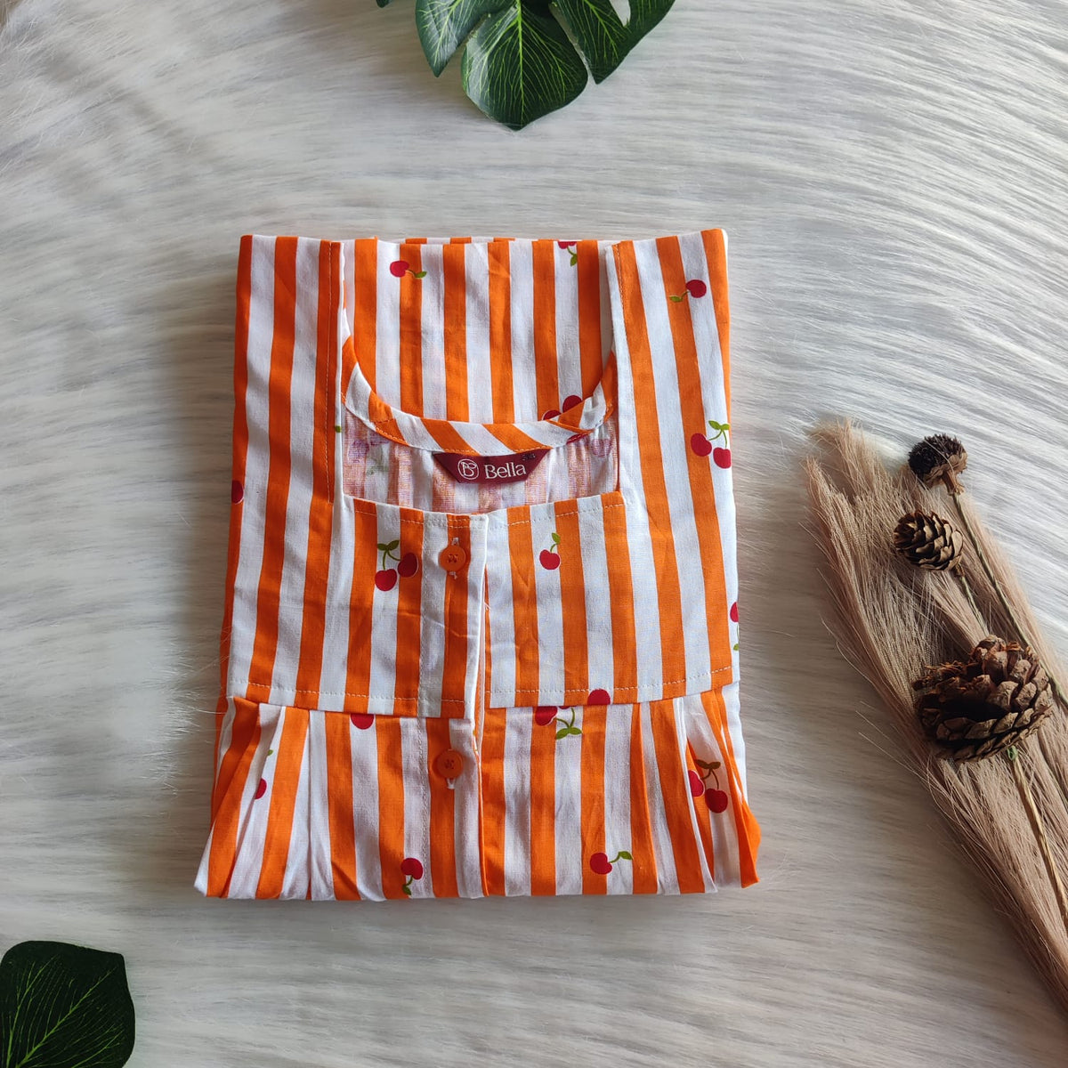 Cherry Printed Orange Stripes Premium Cotton Full Open Labour Room Nighty | Free Size | Chest Width 44"| Length 54"-56"