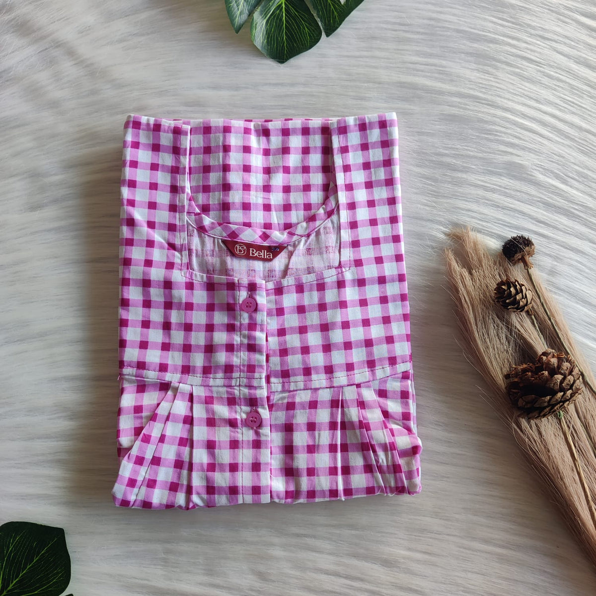 Pink Check Printed Premium Cotton Full Open Labour Room Nighty | Free Size | Chest Width 44"| Length 54"-56"