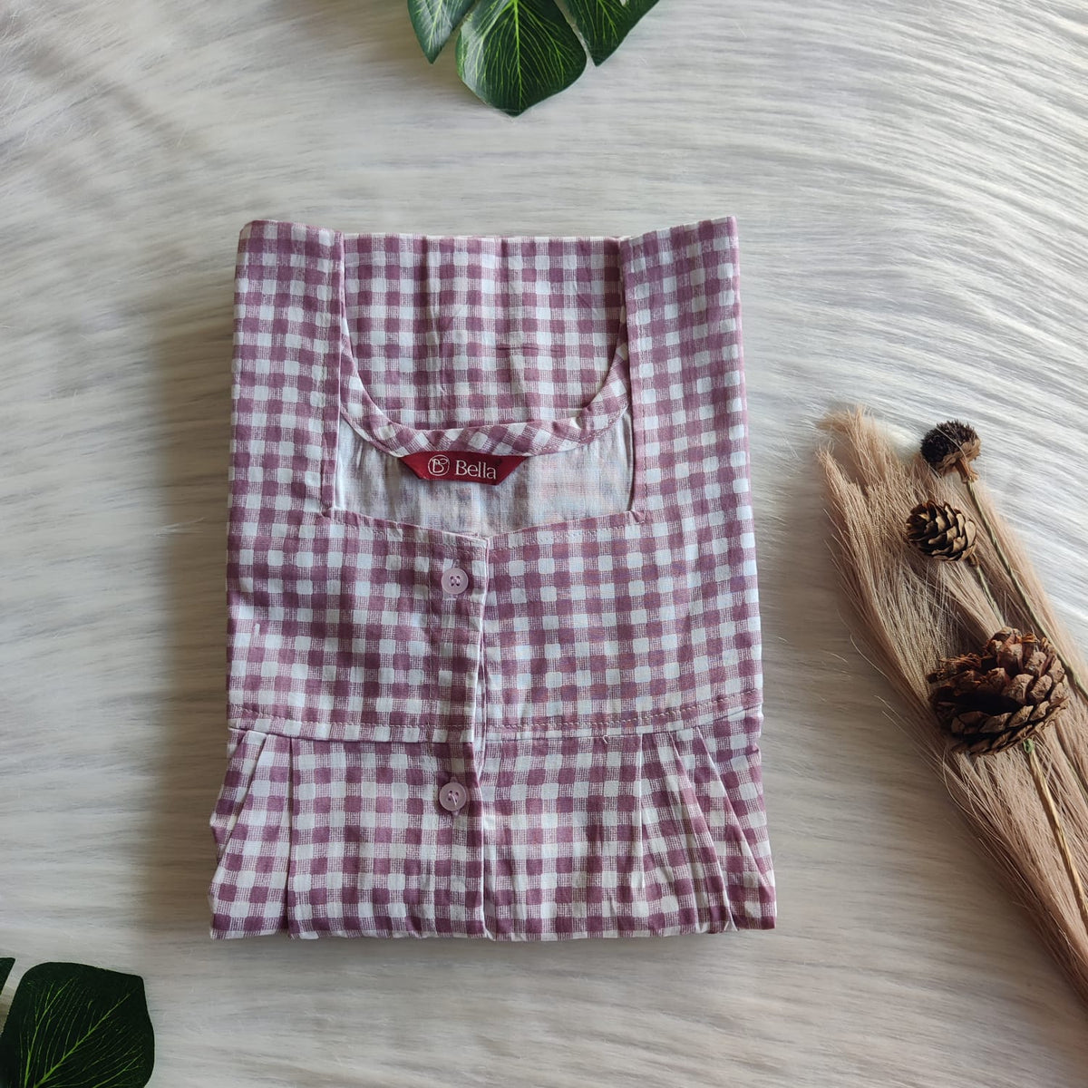 Mauve Check Printed Premium Cotton Full Open Labour Room Nighty | Free Size | Chest Width 44"| Length 54"-56"