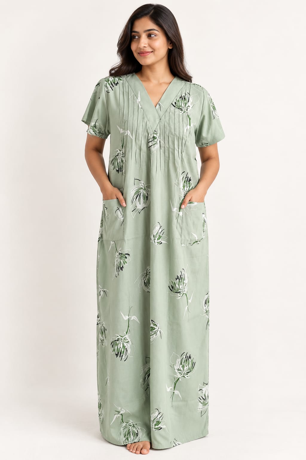 Pastel Green Floral Printed V-Neck Alfine Churidar Cut Nighty | Free Size | Chest Width 44″| Length 56″