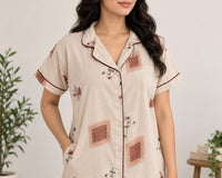 Pastel Brown Printed Alfine Full Open Long Polo Shirt Dress | Side Pocket | Free Size | Chest Width 44″| Length 44″