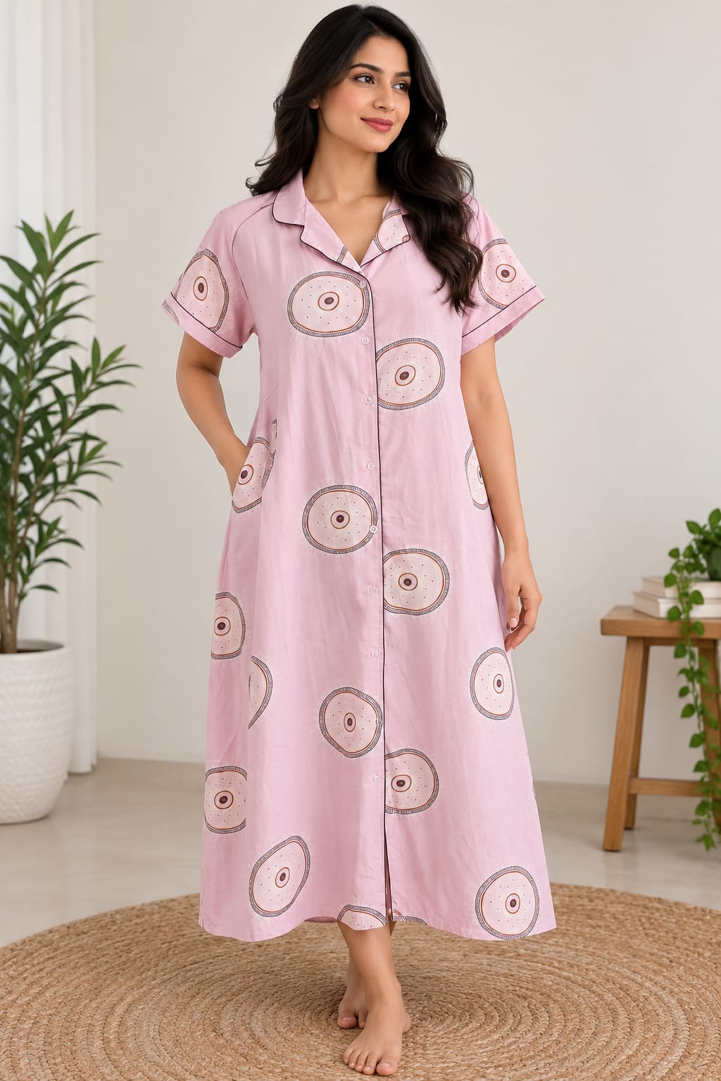 Pastel Pink Printed Alfine Full Open Long Polo Shirt Dress | Side Pocket | Free Size | Chest Width 44″| Length 44″